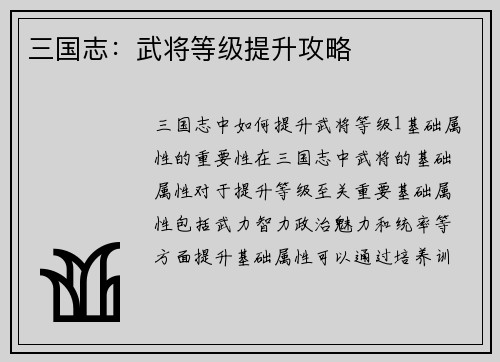 三国志：武将等级提升攻略