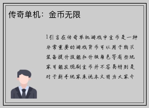 传奇单机：金币无限